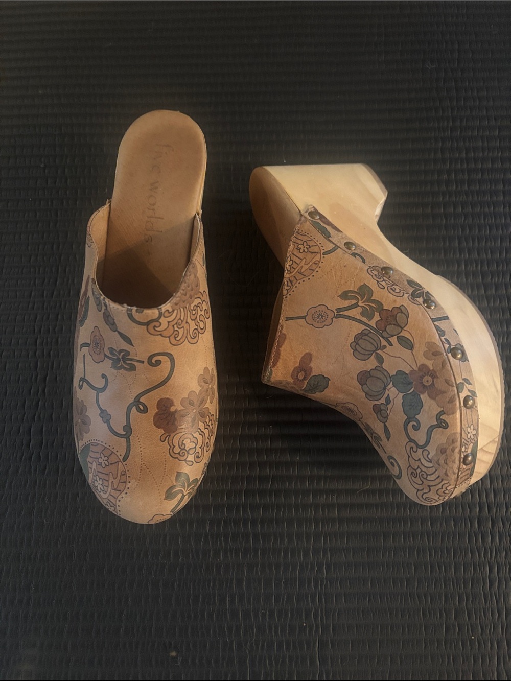Cordani Floral Leather Platform Clogs Mule in Tan